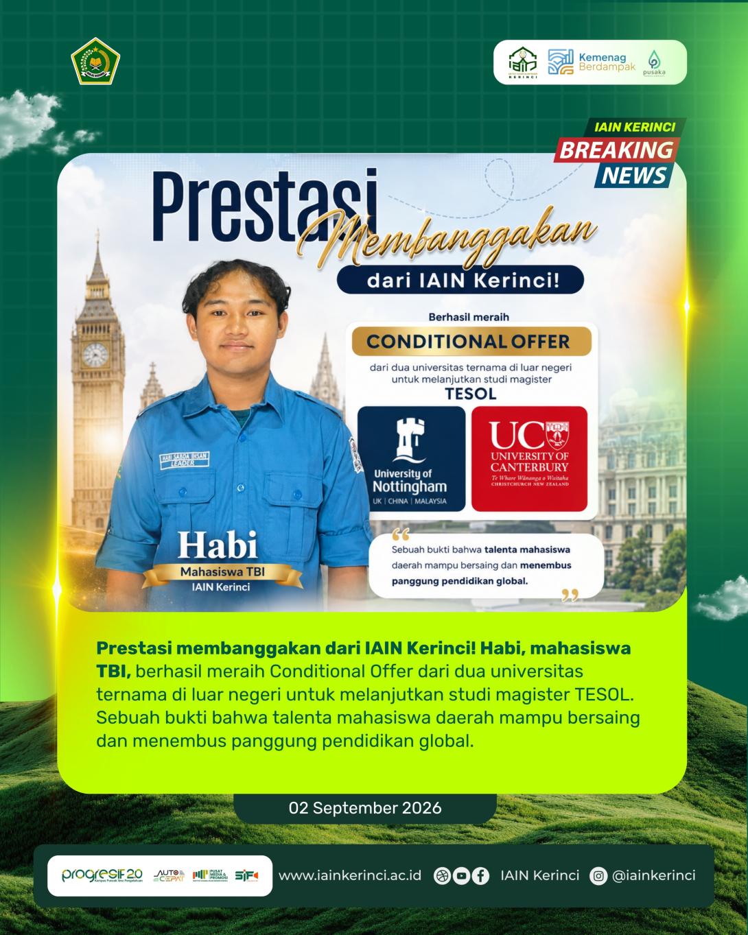 Habi, Mahasiswa TBI IAIN Kerinci Raih Conditional Offer dari Dua Universitas Luar Negeri